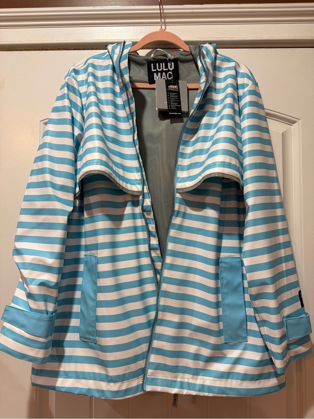 Women's Blue & White Striped Hooded Rain Coat
